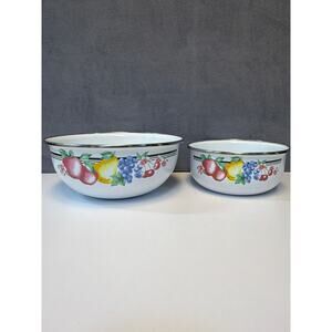 Lot of 2 Vintage GMI Enamel Bowls Fruit Pattern 9” & 7”